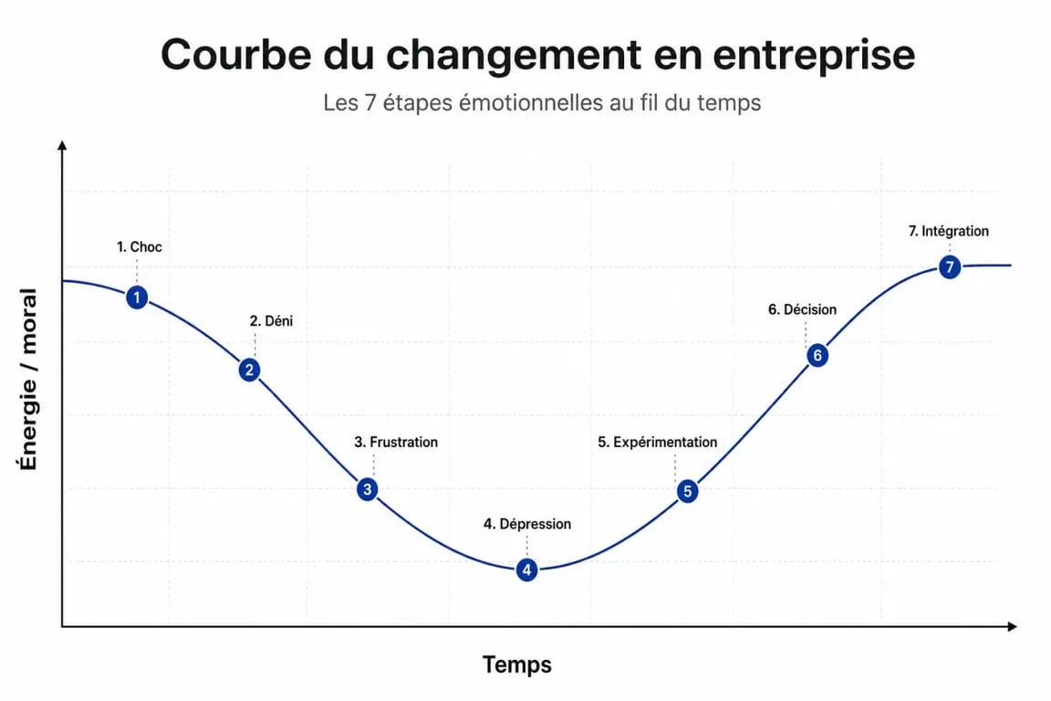 Schéma des 7 étapes de la courbe du changement en entreprise pour le management