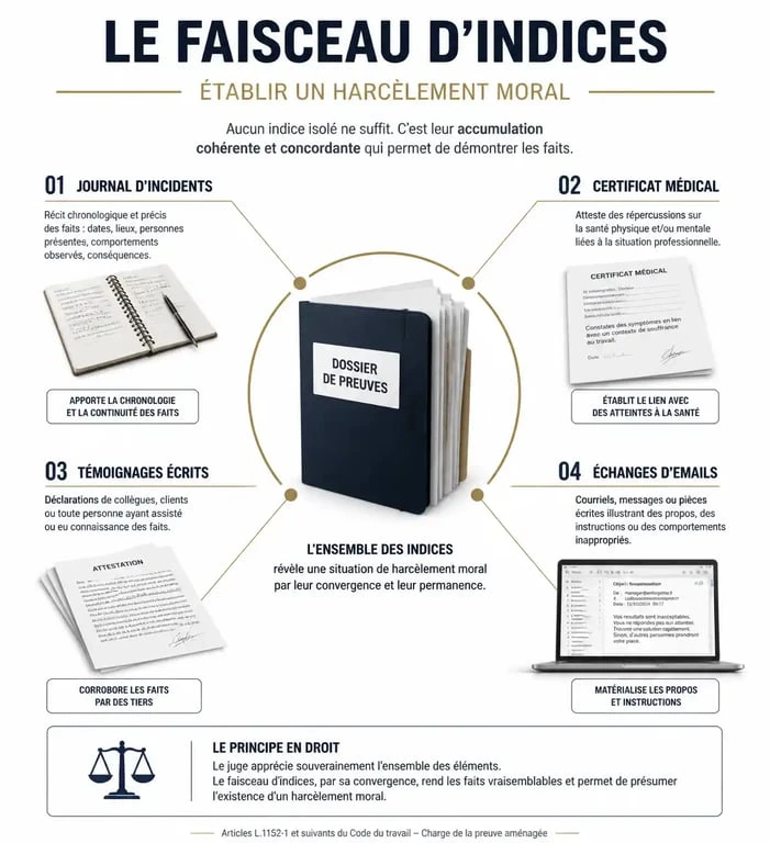 Infographie illustrant le faisceau d'indices pour prouver un harcèlement moral au travail sans preuve directe
