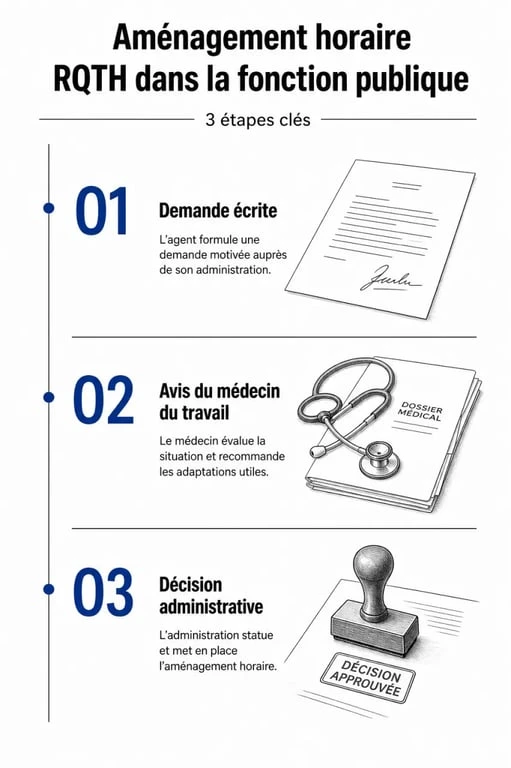 Schéma des étapes pour obtenir un aménagement horaire avec une RQTH dans la fonction publique