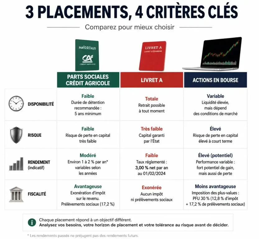 Comparatif des caractéristiques entre parts sociales Crédit Agricole, Livret A et actions en bourse