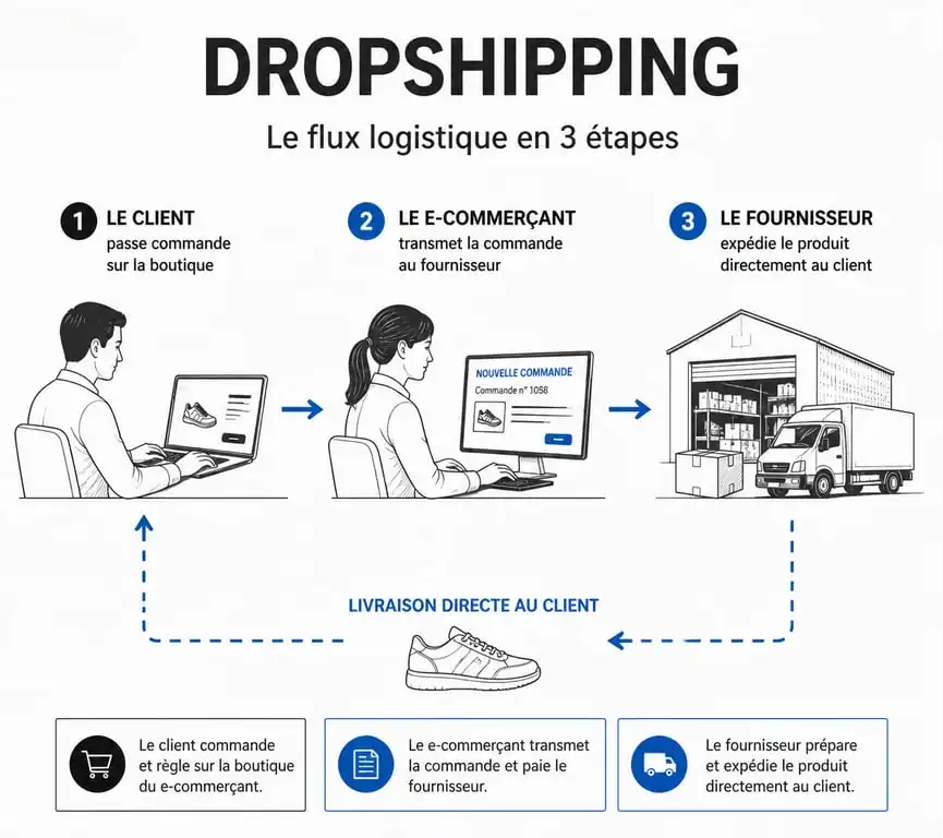 Schéma explicatif du fonctionnement du e-commerce en dropshipping