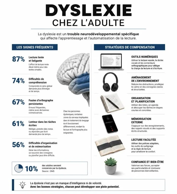 Infographie sur les signes et stratégies pour l'adulte dyslexique