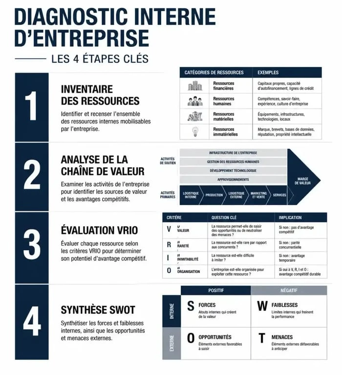 Schéma des 4 étapes pour réaliser un diagnostic interne d'entreprise efficace