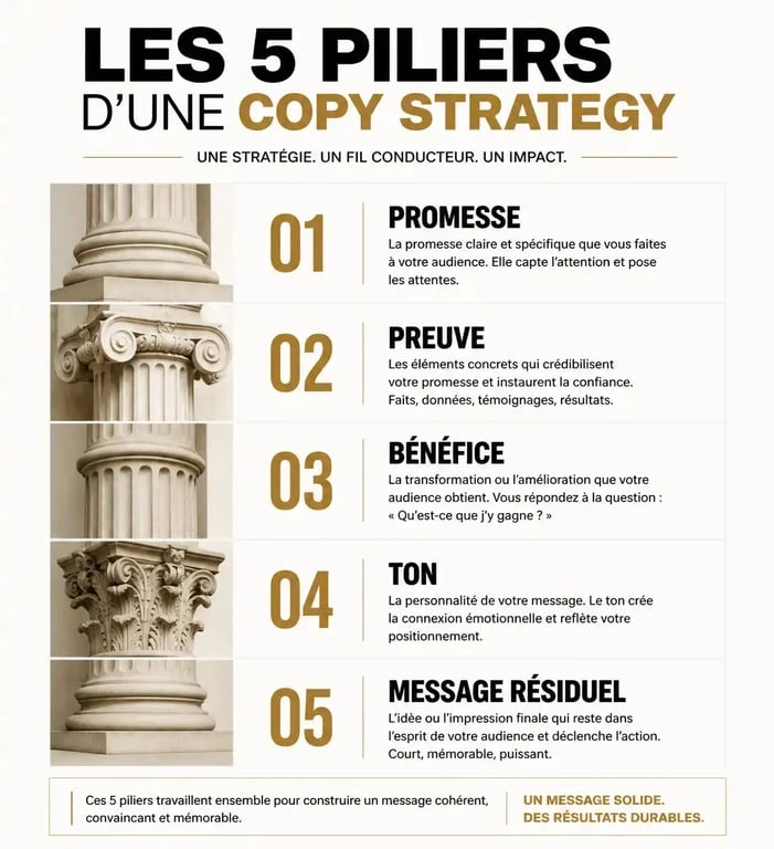 Schéma des 5 piliers d'une copy strategy efficace pour le marketing