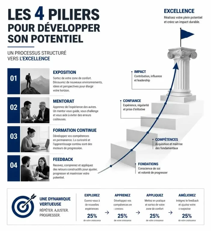 Infographie des quatre piliers pour développer son potentiel : exposition, mentorat, formation et feedback.