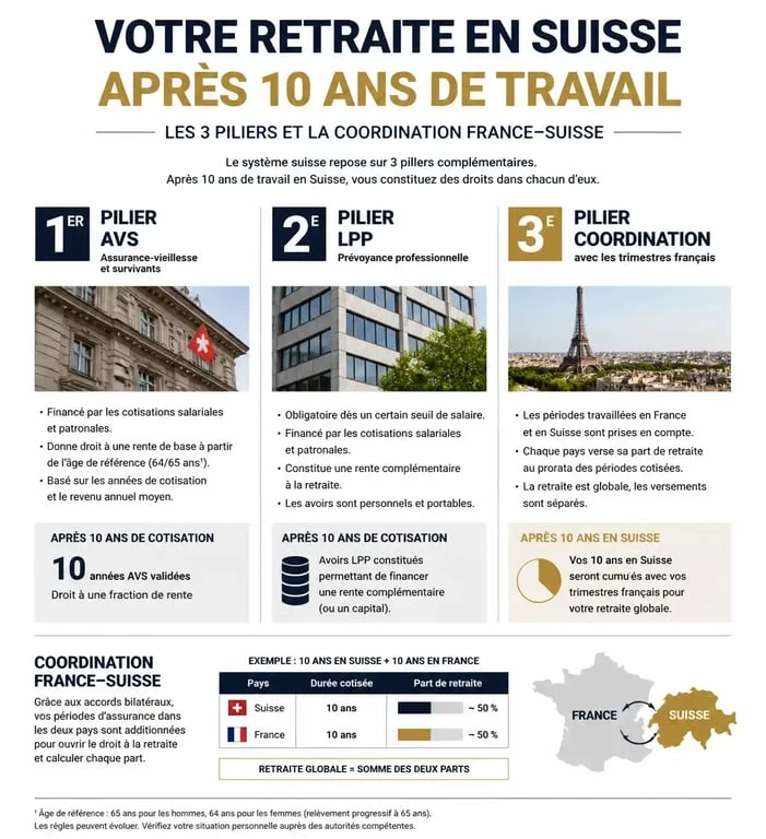 Schéma explicatif des droits à la retraite après 10 ans de travail en Suisse incluant AVS, LPP et trimestres français