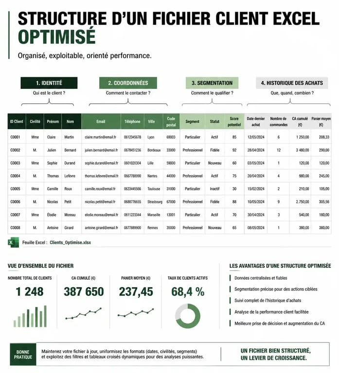 Structure idéale d'un modèle de fichier client Excel pour une gestion commerciale efficace