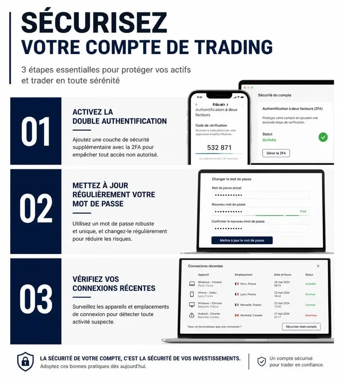 Infographie sur la sécurisation de votre compte DEGIRO et la protection de vos accès en ligne