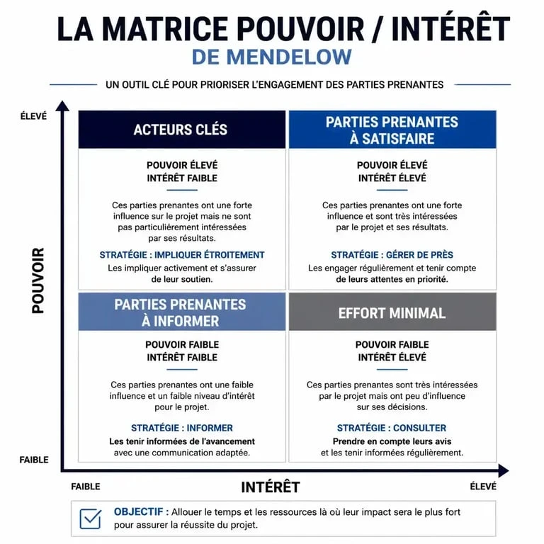 Matrice pouvoir intérêt de Mendelow pour la gestion des parties prenantes projet