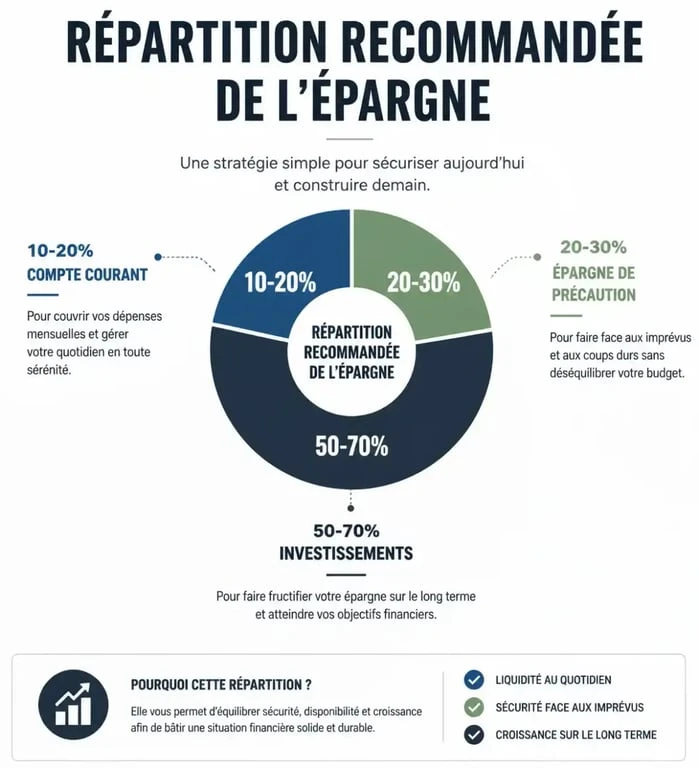 Répartition recommandée de l'épargne : compte courant, épargne de précaution et investissements pour une gestion financière optimale.