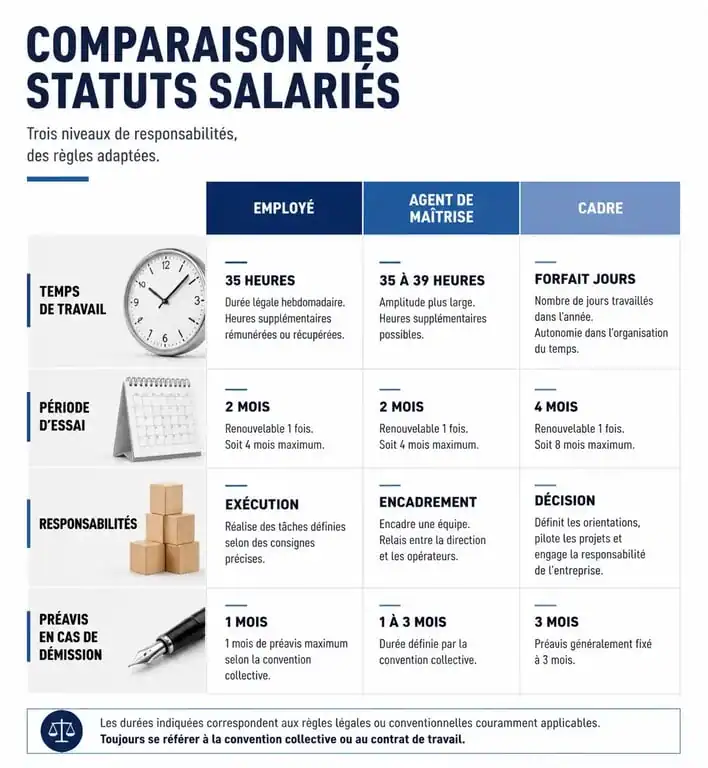 Tableau comparatif des avantages et inconvénients du statut d'agent de maîtrise par rapport aux employés et cadres