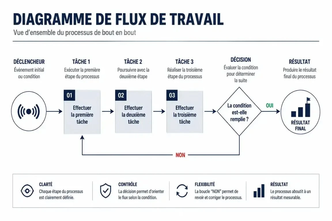 Schéma illustrant un exemple de workflow professionnel avec étapes et points de décision
