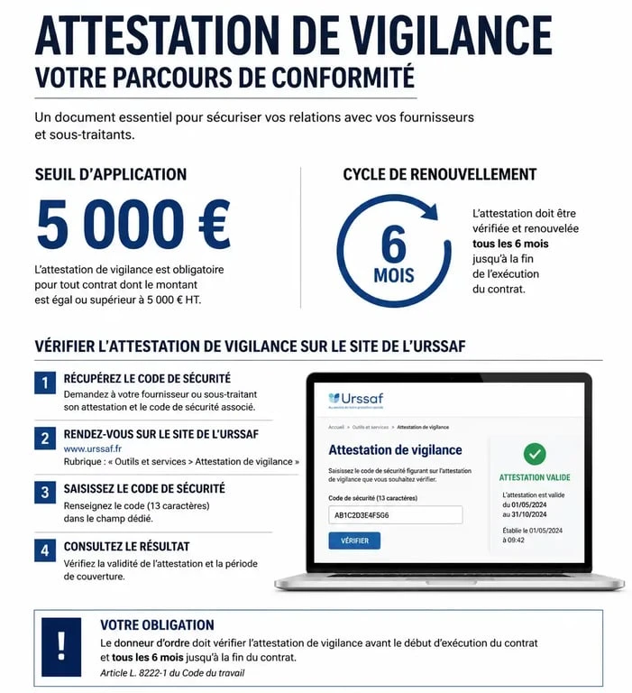 Infographie sur le fonctionnement et les obligations de l'attestation de vigilance
