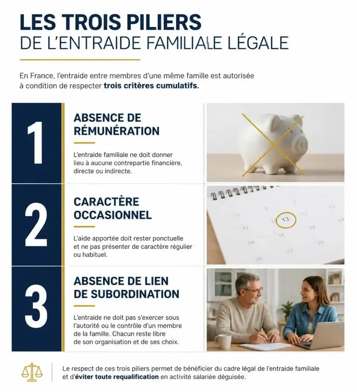 Infographie sur les conditions légales de l'entraide familiale en entreprise