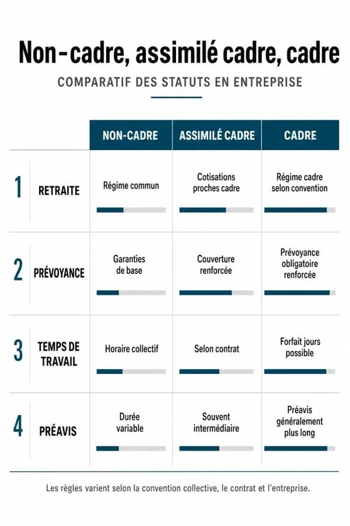 Infographie comparative des statuts de non-cadre, assimilé cadre et cadre en entreprise