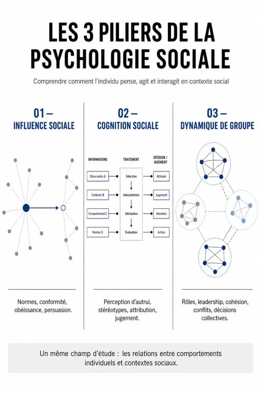 Infographie des piliers de la psychologie sociale : influence, cognition et dynamique de groupe.