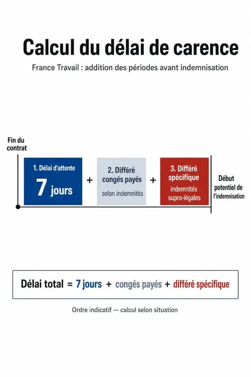 Schéma explicatif du calcul du délai de carence Pôle Emploi et France Travail pour comprendre les périodes d'attente avant indemnisation.