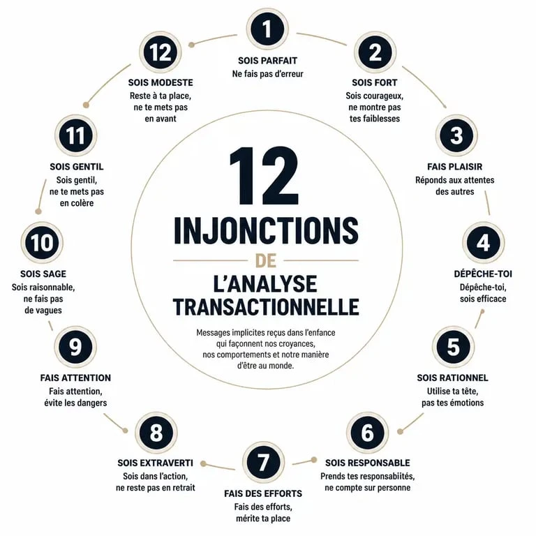 Infographie des 12 injonctions de l'analyse transactionnelle et exemples