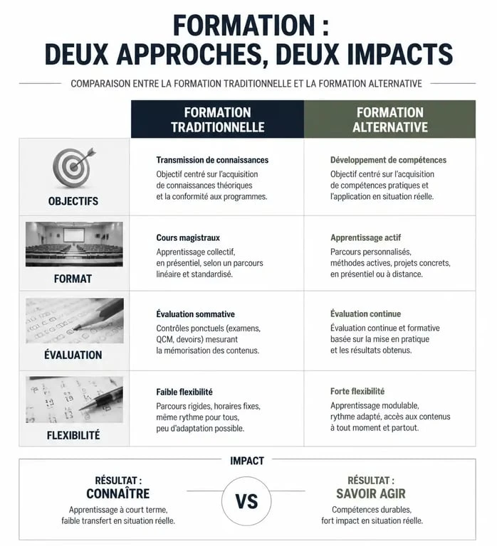 Comparatif entre formation classique et alternativ formation : objectifs, formats et méthodes