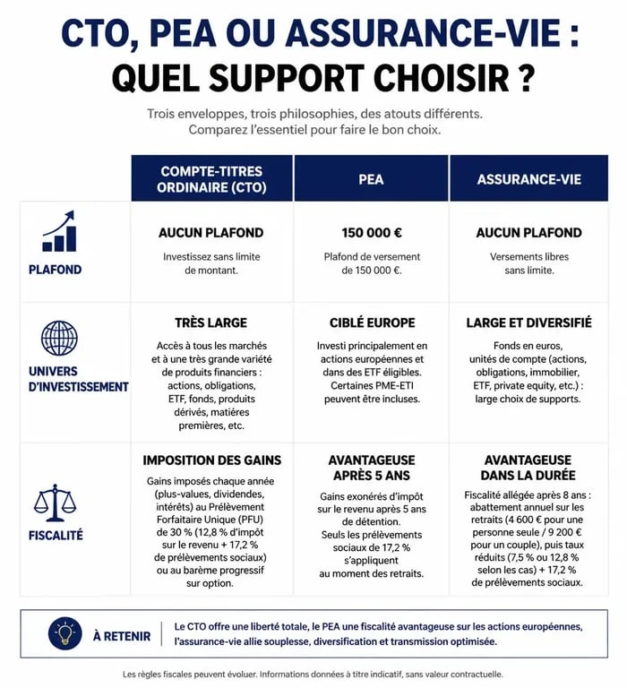Tableau comparatif des avantages et inconvénients du compte-titres ordinaire, PEA et assurance-vie pour investir en bourse.