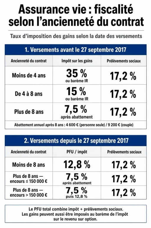 Infographie récapitulative de la fiscalité et de la flat tax sur l'assurance vie
