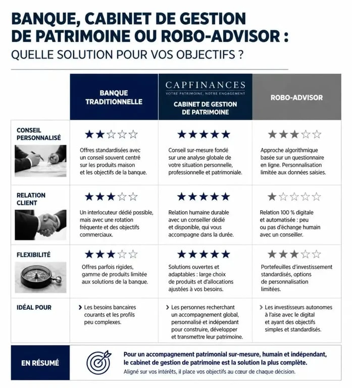 Comparatif des services de gestion de patrimoine : banque traditionnelle vs Capfinances vs robo-advisor