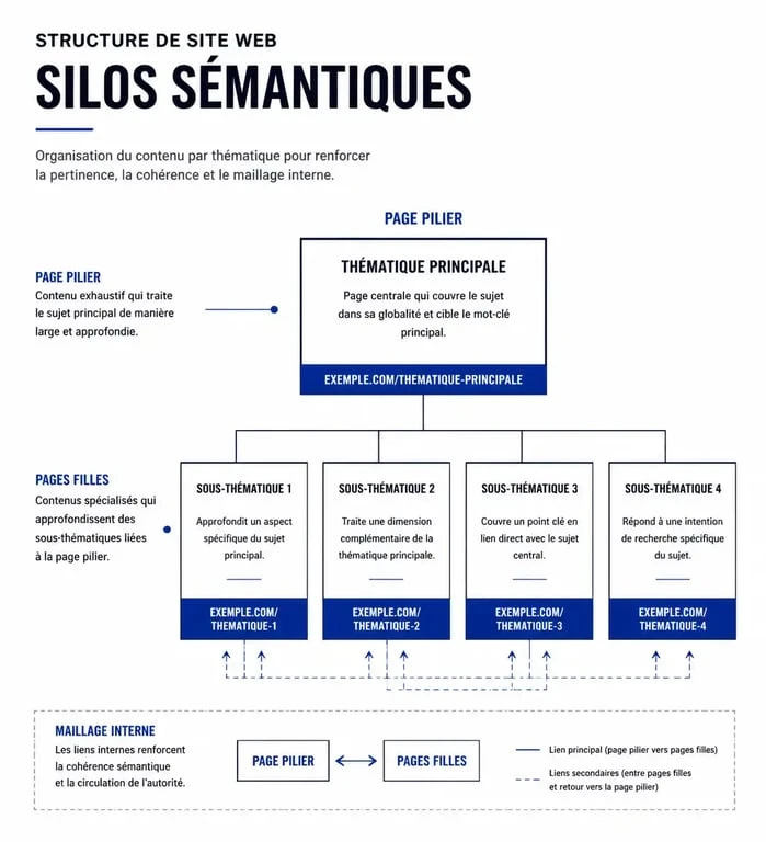 Schéma de structure de site en silos pour la formation maillage interne SEO