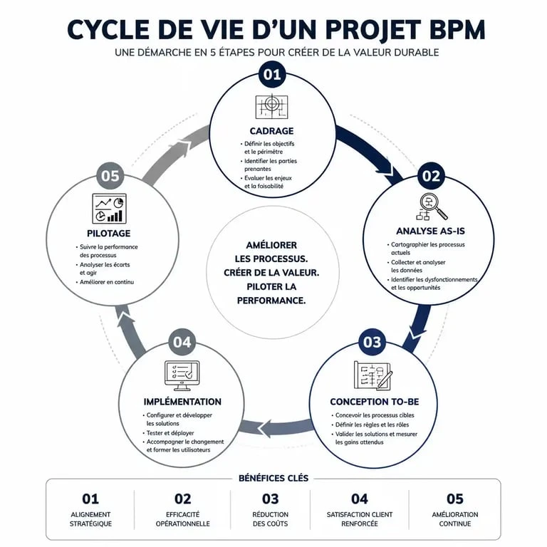 Infographie du cycle de vie d'un projet BPM pour une formation BPM