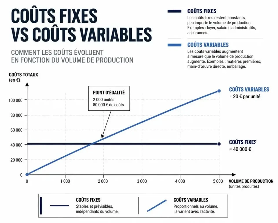 Graphique comparatif illustrant la différence entre charges fixes et charges variables en entreprise