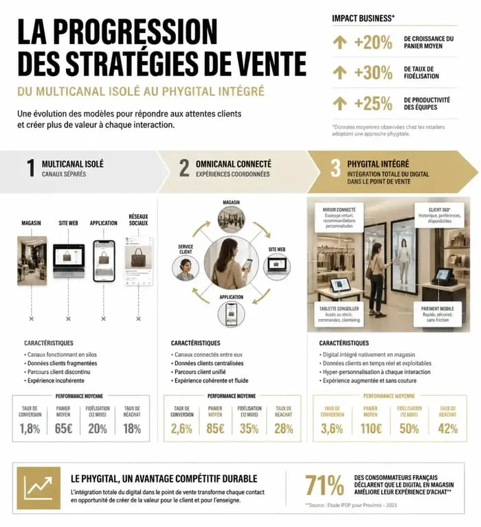 Infographie comparative des stratégies de vente : multicanal, cross-canal, omnicanal et définition du phygitale