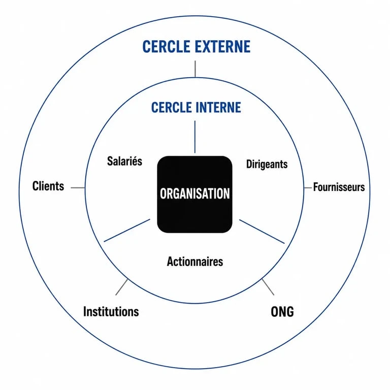 Schéma illustrant l'écosystème des parties prenantes internes et externes d'une entreprise.