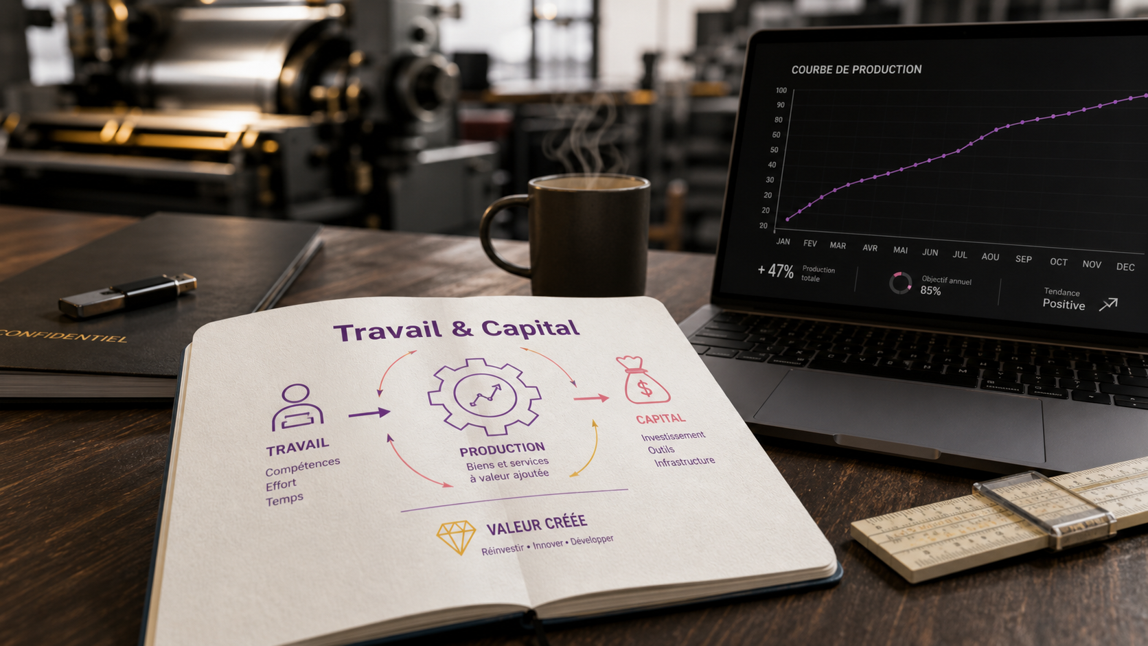 Facteurs de production exemple : schéma travail et capital sur ordinateur