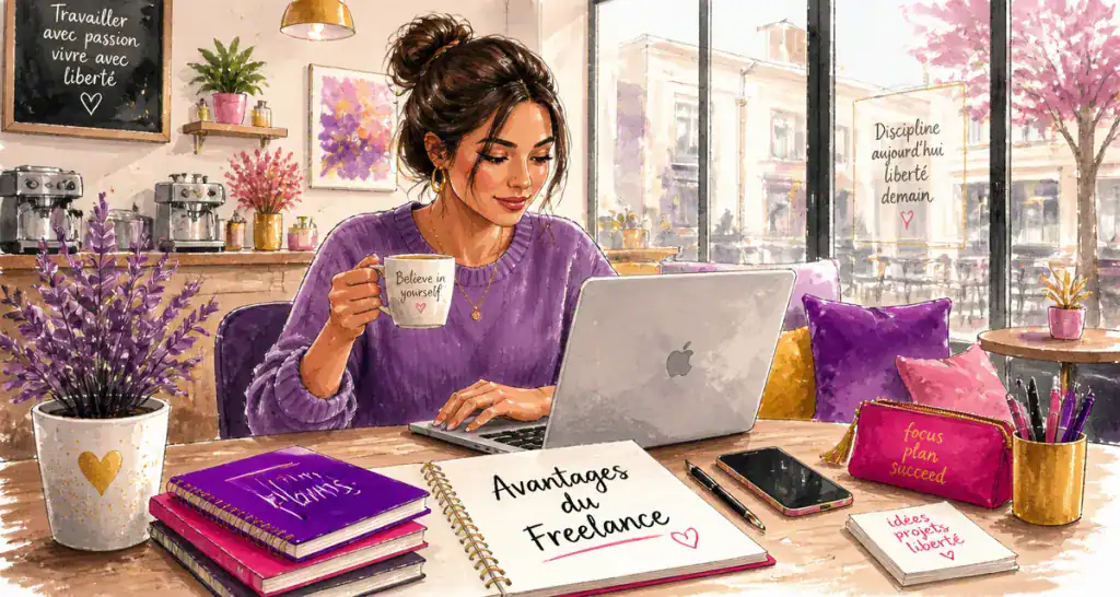 freelance avantage jeune femme travaille cafe