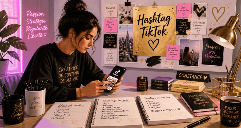 Jeune femme travaille sur hashtag TikTok dans studio créatif