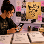 Jeune femme travaille sur hashtag TikTok dans studio créatif