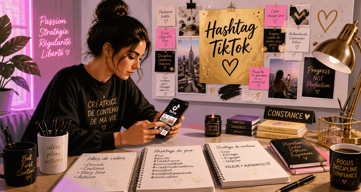 Jeune femme travaille sur hashtag TikTok dans studio créatif