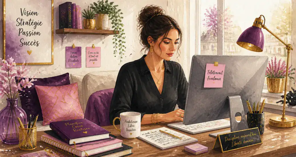 Teletravail en ligne freelance femme bureau