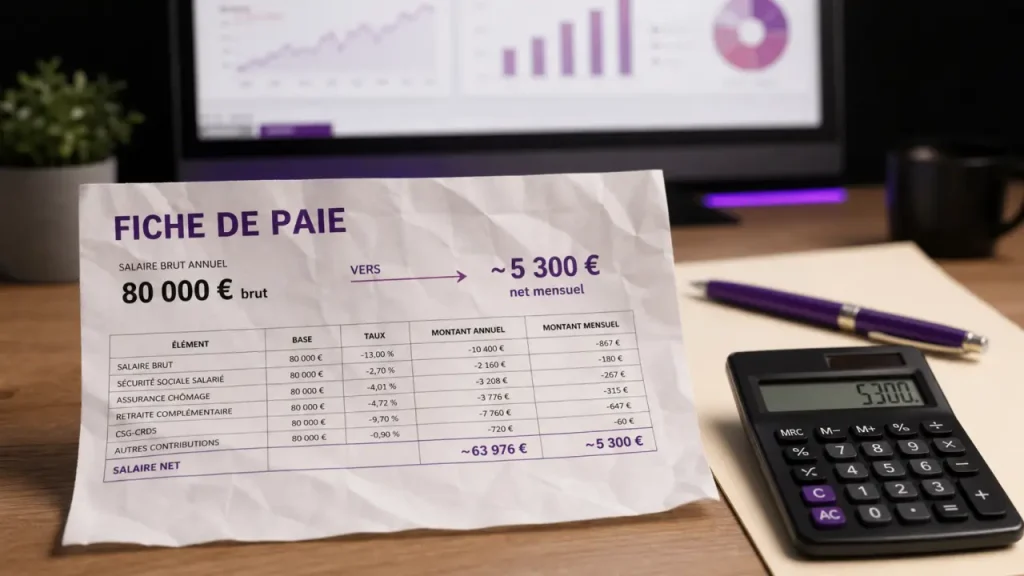 80 000 brut en net : 5 300 € par mois, mais pas pour tous les statuts