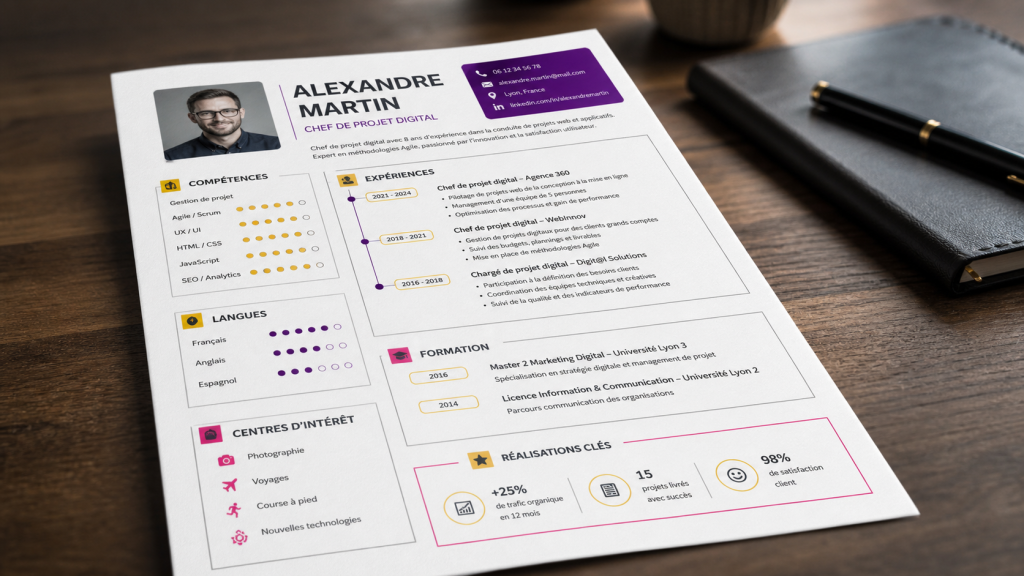 cv original exemple : CV infographique sur bureau en perspective