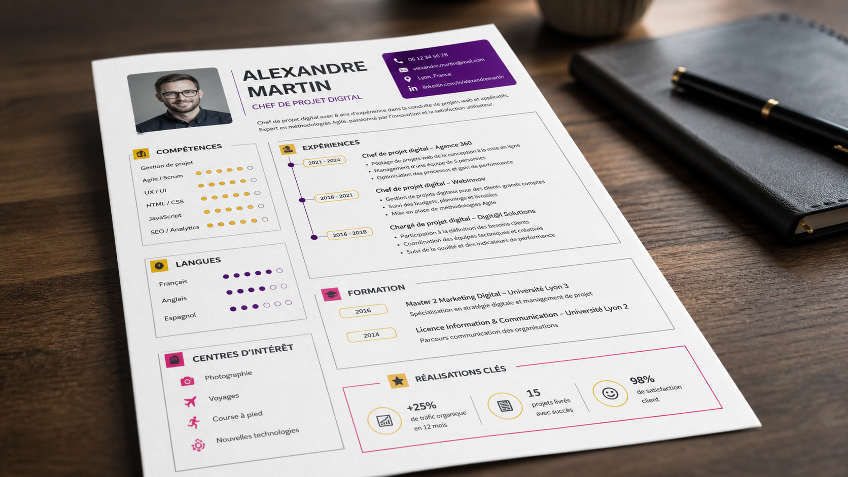 cv original exemple : CV infographique sur bureau en perspective