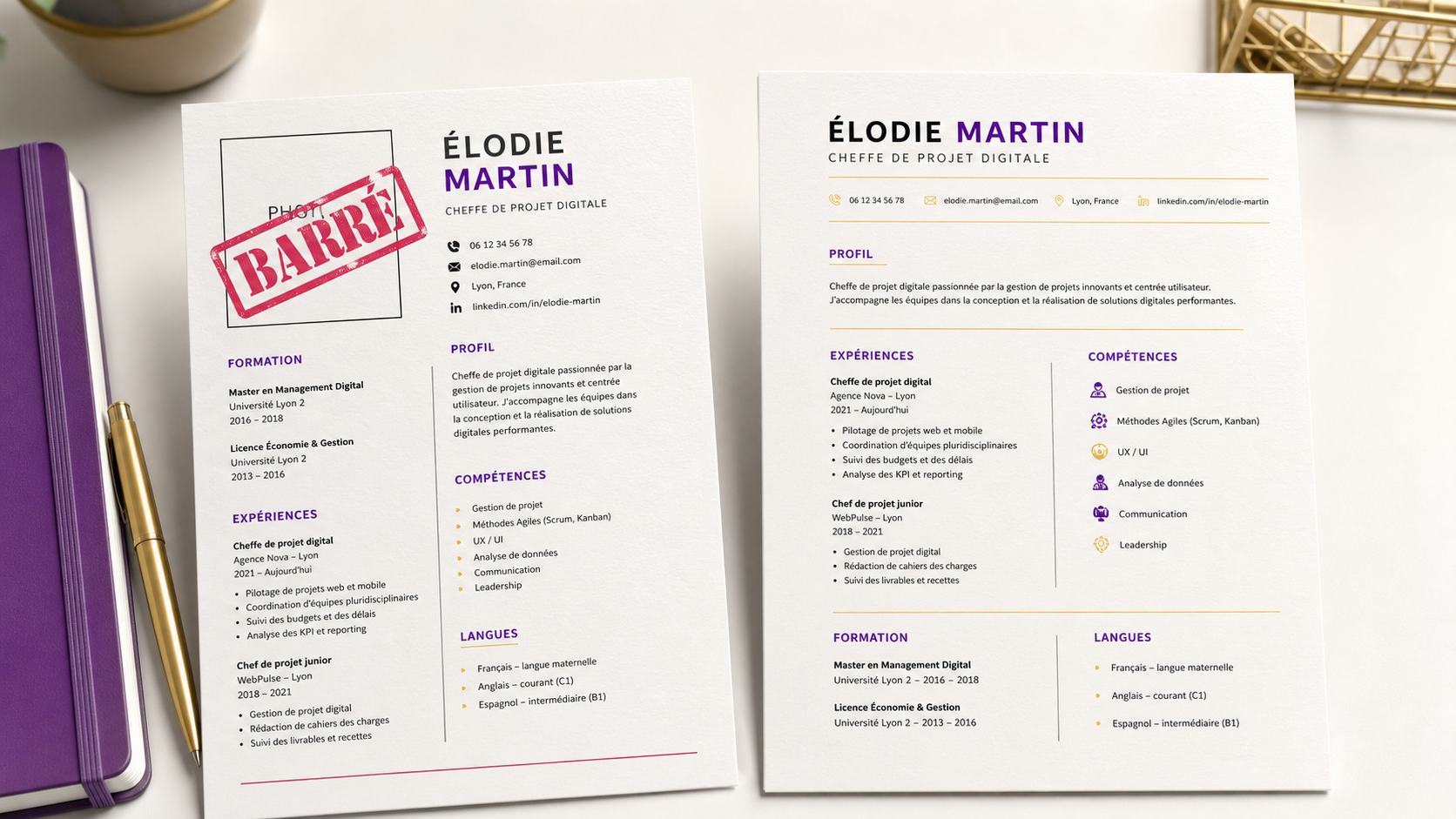 CV sans photo : deux CV sur bureau, sans portrait