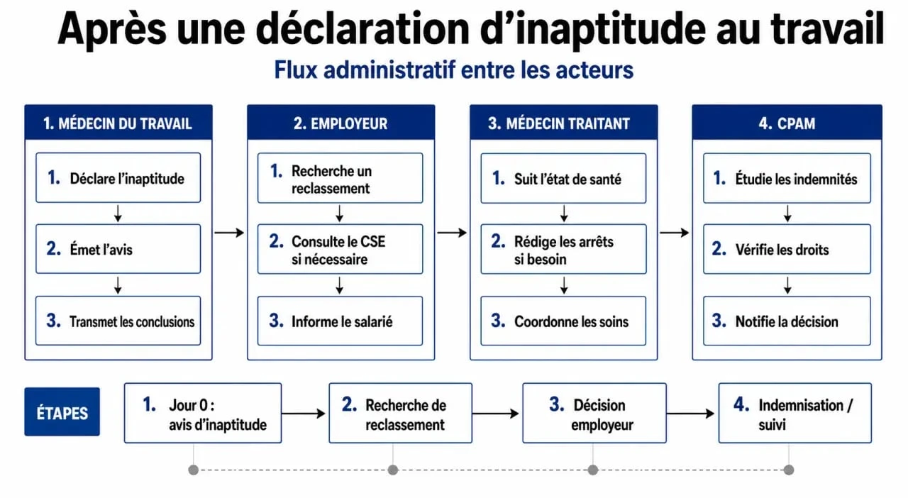 Infographie des étapes administratives après une déclaration d'inaptitude au travail