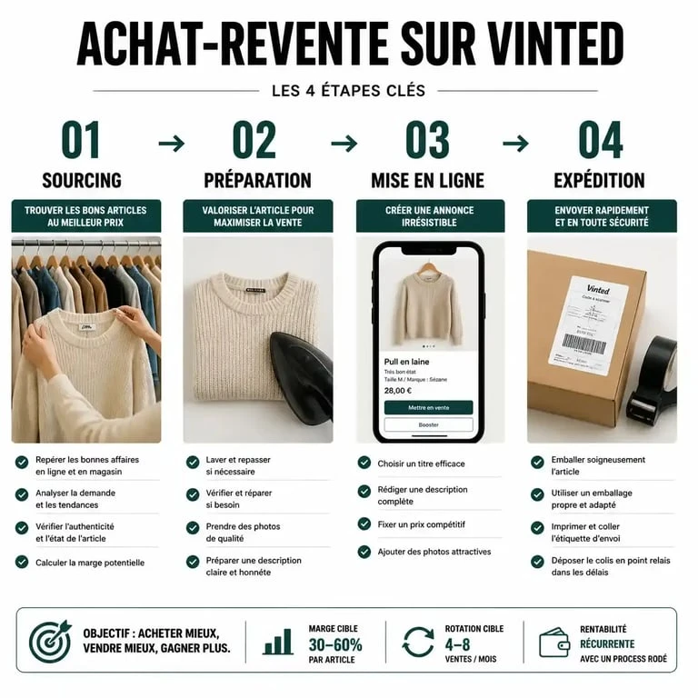 Processus étape par étape de l'achat-revente sur Vinted pour maximiser ses profits