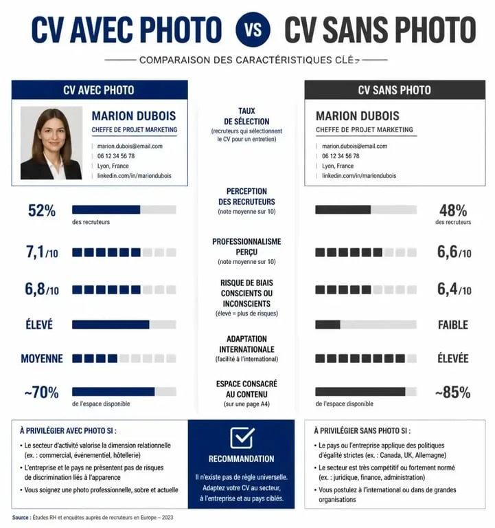 Infographie comparative des avantages d'un CV sans photo par rapport à un CV avec photo pour le recrutement