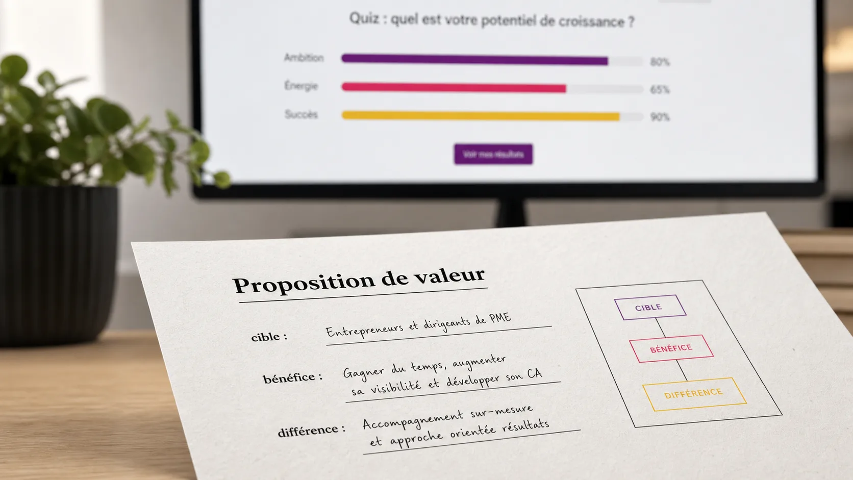 Proposition de valeur exemple, cible bénéfice différence en 8 secondes