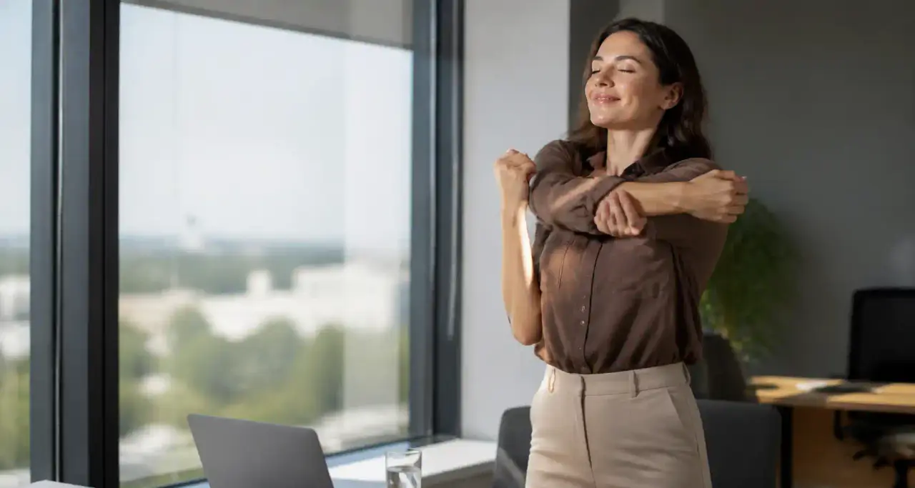 Cadre en pause active près d'une fenêtre lumineuse, équilibre vie pro et bien-être