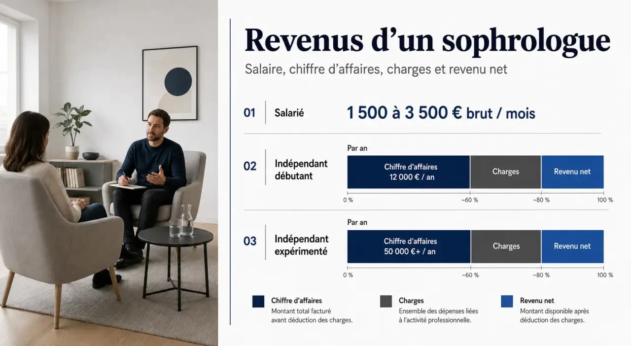 Sophrologie salaire : comparaison visuelle des revenus salarié et indépendant, avec charges et revenu net