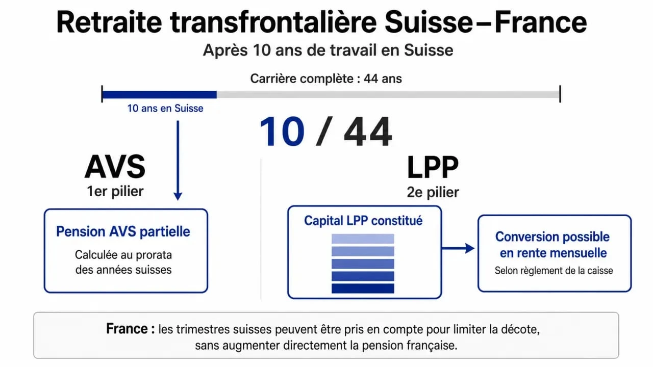 Quelle retraite après 10 ans de travail en Suisse : schéma des droits AVS, LPP et coordination France-Suisse