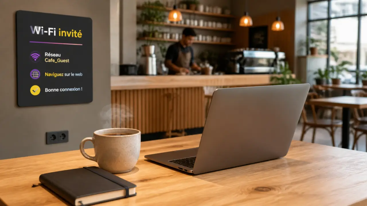 Travailler dans un cafe : tasse, carnet et Wi-Fi invité