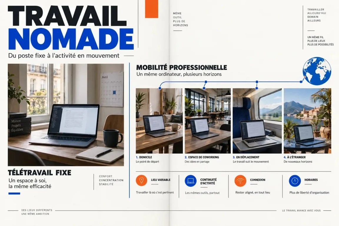 Travail nomade : comparaison visuelle entre télétravail fixe et mobilité professionnelle